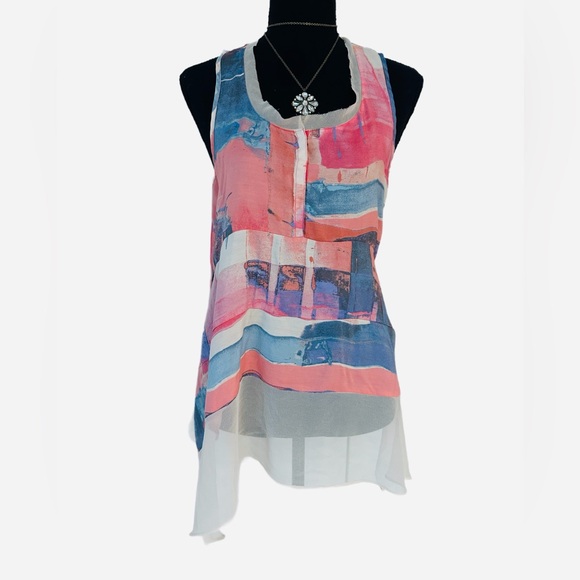 Simply Vera Vera Wang Tops - #44 SIMPLY VERA VERA WANG ~ Pink and Blue Sleeveless Blouse w/Chiffon Detail
